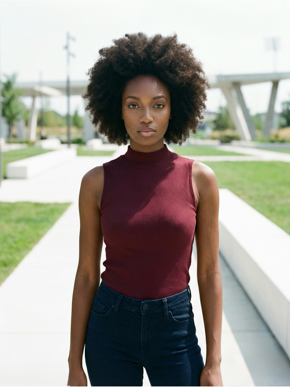 Sleeveless Ribbed Mock Neck Top in Deep Burgundy
